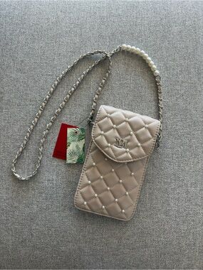 Badgley Mischka Quilted Pearl-Stud Phone Crossbody - Beige